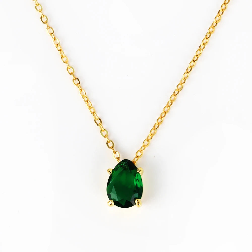 Elegant Green Crystal Waterdrop Pendant Necklaces for Women Charm Emerald Zircon Necklace Adjustable Party Jewelry Collar