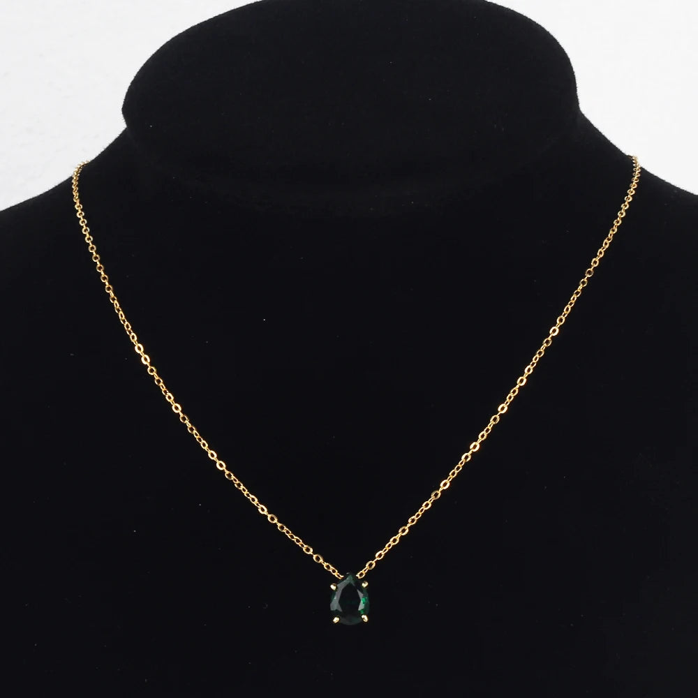 Elegant Green Crystal Waterdrop Pendant Necklaces for Women Charm Emerald Zircon Necklace Adjustable Party Jewelry Collar