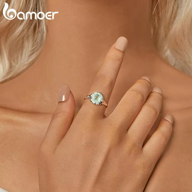 BAMOER Retro Design Round Shape 925 Sterling Silver Solitaire Promise Ring, White Gold Plated Engagement Ring for Women SCR1025