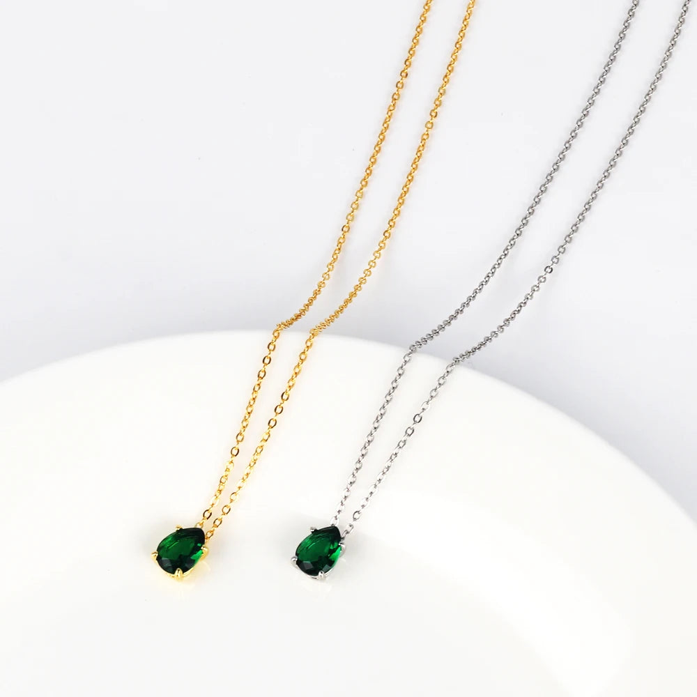 Elegant Green Crystal Waterdrop Pendant Necklaces for Women Charm Emerald Zircon Necklace Adjustable Party Jewelry Collar