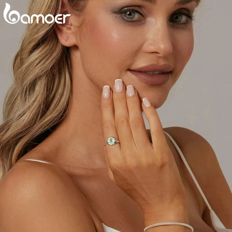 BAMOER Retro Design Round Shape 925 Sterling Silver Solitaire Promise Ring, White Gold Plated Engagement Ring for Women SCR1025