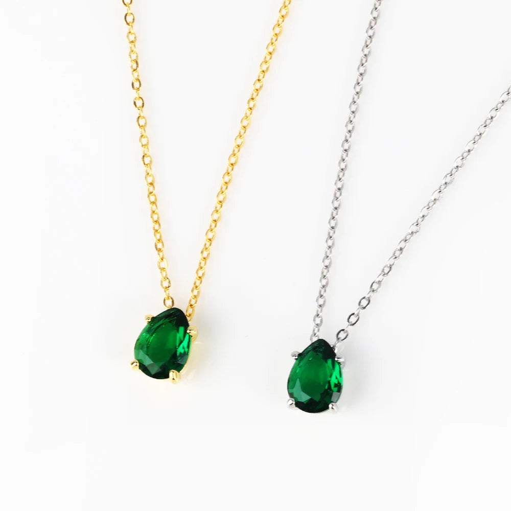 Elegant Green Crystal Waterdrop Pendant Necklaces for Women Charm Emerald Zircon Necklace Adjustable Party Jewelry Collar