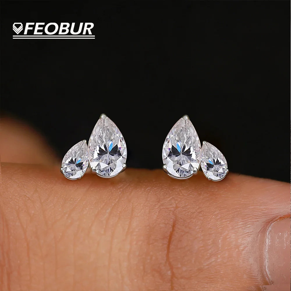 FEOBUR 3cttw Pear Cut Moissanite Stud Earrings for Women 925 Sterling Silver Certified Waterdrop 2-stone Ear Stud Jewelry GRA
